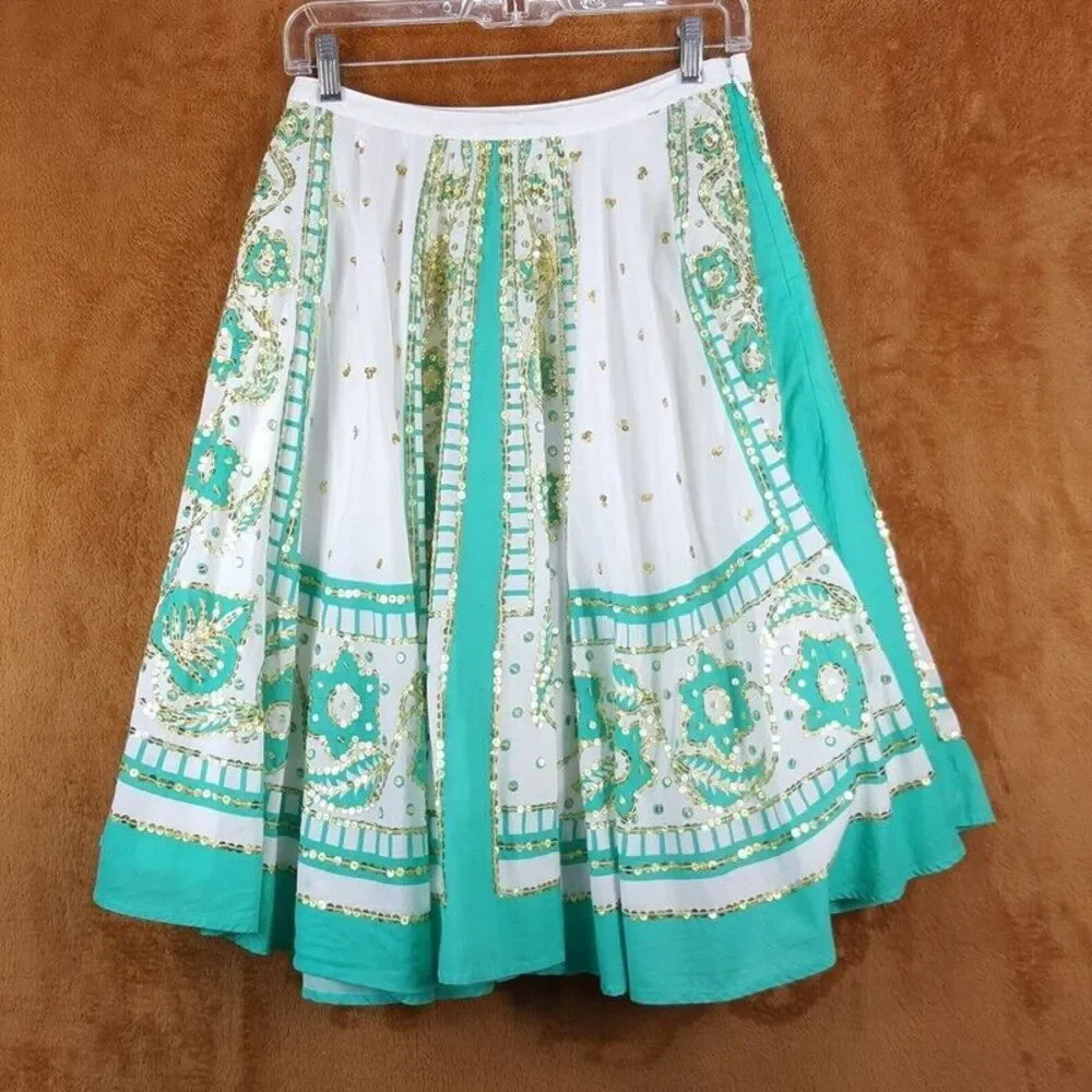 MILLY Skirt Womens Petite P Green Midi Boho Pleated Peasant White Gold Lined